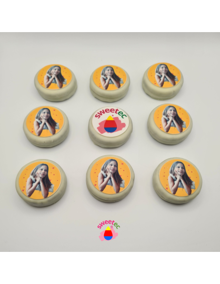 Cookies 4,5cm Ø with chocolate coating and edible photo or logo printing for birthdays, baptisms, weddings and corporate events