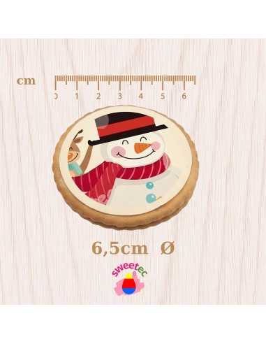 Ready-made 6.5cm chocolate biscuit with edible print of a snowman with black hat and red scarf. Perfect for parties.