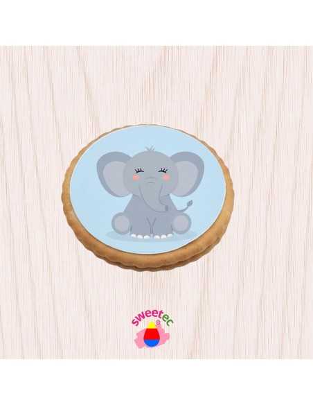 6.5cm chocolate biscuit with edible print of a cute grey baby elephant, shown on a clean white background. Ideal for baby shower
