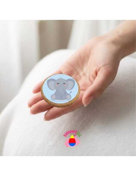 6.5cm chocolate biscuit with edible print of a cute grey baby elephant, held in hand. Ideal for baby shower.