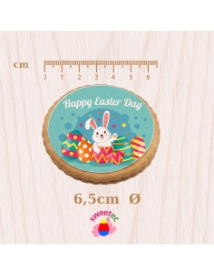 6.5cm chocolate biscuit with edible print of an Easter bunny with colorful eggs, shown against a clean white background with the 2