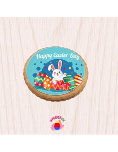 6.5cm chocolate biscuit with edible print of an Easter bunny with colorful eggs, shown against a clean white background with the
