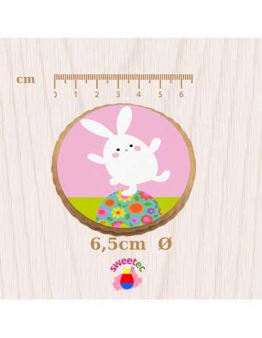 6.5cm chocolate biscuit with edible print of an Easter bunny on a floral cupcake, shown with a cm ruler scale. Ideal for Easter 