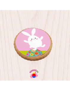 6.5cm chocolate biscuit with edible print of Easter bunny faces on cupcakes, on a clean white background. Ideal for Easter celeb