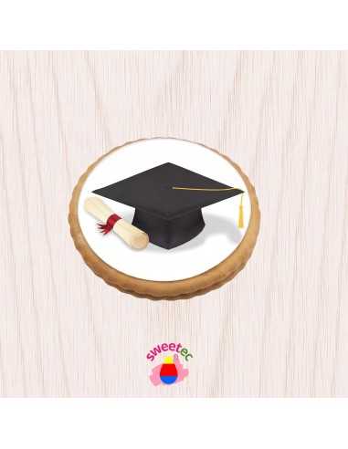 6.5cm chocolate biscuit with edible print of a graduation cap and diploma, shown on a light wooden background. Ideal for graduat