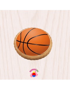 6.5cm chocolate biscuit with edible print of a basketball in orange and black, on a clean white background. Ideal for sports-the
