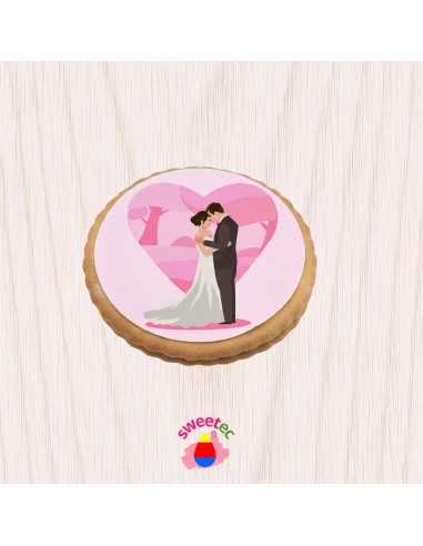 6.5cm chocolate biscuit with edible print of a bride and groom on a clean white background. Ideal for a wedding.