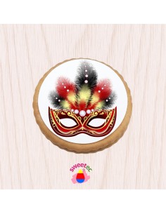 6.5cm chocolate biscuit with edible print of a colorful carnival mask, shown on a light wood background. Ideal for themed partie