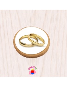 6.5cm chocolate biscuit with edible print of golden wedding rings, shown on a clean white background. Ideal for a wedding.