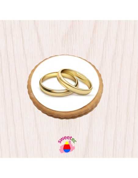 6.5cm chocolate biscuit with edible print of golden wedding rings, shown on a clean white background. Ideal for a wedding.