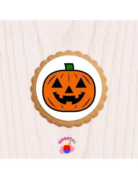 6.5cm chocolate biscuit with edible print of a jack-o'-lantern pumpkin, presented on a clean white background. Ideal for Hallowe