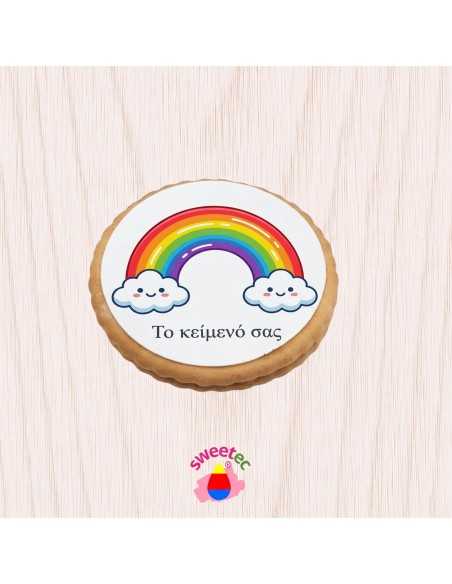 Ready-made 6.5cm chocolate biscuit with edible print of a colorful rainbow on a wooden table. Ideal for candy bars.