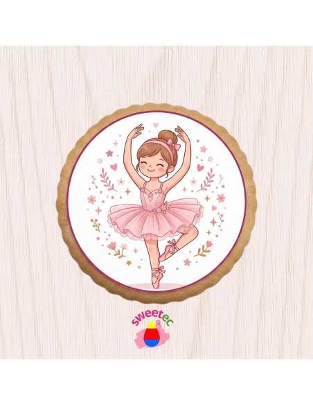 Ready-made 6.5cm chocolate biscuit with edible print of a ballerina on a wooden table. Ideal for candy bars.