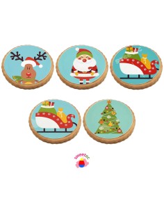 6.5cm chocolate biscuit with edible print of a cartoon reindeer in a red Santa hat and green scarf.