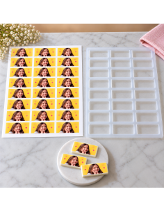 Custom edible print on chocolate transfer sheet 5x2cm rectangle (24 pieces / sheet) 05657