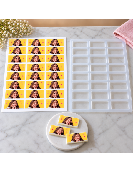 Custom edible print on chocolate transfer sheet 5x2cm rectangle (24 pieces / sheet) 05657