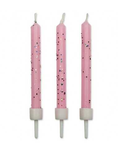 CANDLES - PINK GLITTER WITH HOLDERS PK/10 (62MM / 2.4”)