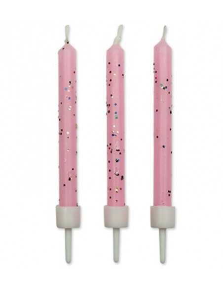 CANDLES - PINK GLITTER WITH HOLDERS PK/10 (62MM / 2.4”)